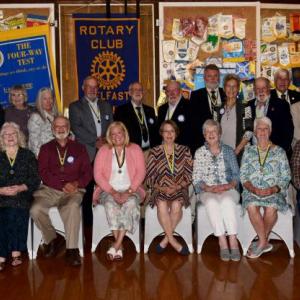 Two dozen Belfast Rotary Paul Harris Fellows, including newest members Mickey Sirota and Dr. Michelle Morrow (front row, 4th and 5th from left), posed for a group photograph at the Club’s 96th annual dinner on June 23. (Photo courtesy Mary Carthage/Belfast Rotary Club)