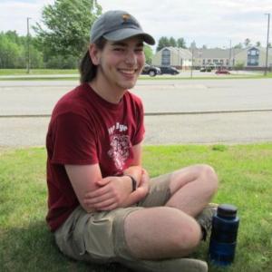 Owen Weber outside school at Medomak Valley H.S. (Photo by Kay Stephens)