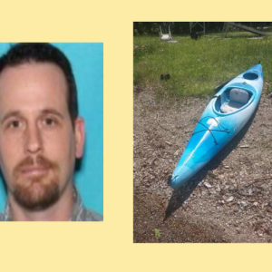 Missing person Christopher N. Friedrich. On the right is Friedrich’s kayak. (Photos courtesy Maine Game Wardens)