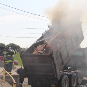 A dump truck caught fire Aug. 25, at the Rockland Transfer Station. (Photo courtesy Alan Athearn/Rockland Fire & EMS)
