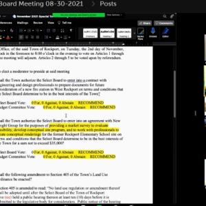 Town Manager Jon Duke and members of the Rockport Select Board meet via ZOOM on Aug. 30 to discuss warrant articles for the Nov. ballot. Source: Livestream