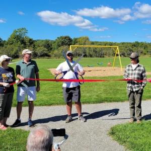 Ribbon cutting Ferolyn Curtis Rockland Rotary president; Tom Luttrell, Rockland City Manager; Sarah Austin, Rockland City Council; Donald Prescott Parks & Recreation Supervisor; Emma Hathaway, MacDougal Community Farm; and Jake Barbour, Excavating Contractor. (Photo courtesy Rockland Rotary)