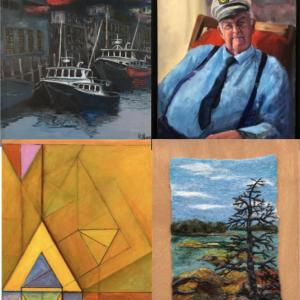 Clockwise from top left: “Les Bateaux” (acrylic on canvas) by Philippe Guillerm; “Ray Perkins” (oil on canvas) by Carolyn Gabbe; “Seal Cove Seclusion” (wool and specialty fiber) by Laura McNelly; and “Blue Triangle” (acrylic) by Audrey Bechler. (Image courtesy Waldoboro Public Library)