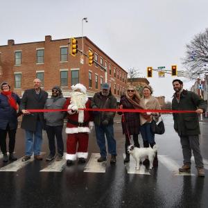 Rockland City Council members joined Chamber of Commerce’s Tom Peaco, Santa, and Rockland Main Street’s Dave Gogel (right) for a ribbon cutting ceremony. Council members are l-r: Sarah Austin, Nate Davis, Mayor Ed Glaser, Louise MacLellan-Ruf, and Nicole Kalloch. (Photo by Sarah Thompson)