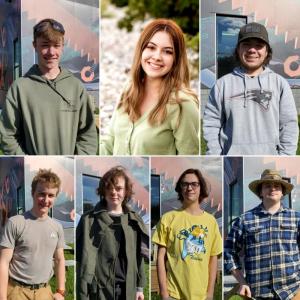 Top L to R: Eric Pendleton, Iris Casas, David Pushaw; Bottom L to R: Noah Rousseau, Justin Groth, Enzo Russillo, and Asa Burgess. (Photo courtesy Mid-Coast School of Technology)