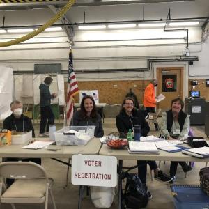 In Camden, traffic was brisk at the polls where town staff members handled Election Day duties, helping Town Clerk Katrina Oakes (far right) with all the processes. From left to right: Elaine Davis, Kendall Espinoza and Liz Lowe.