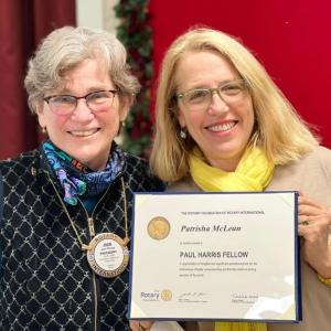 Camden Rotarian Joan Phaup congratulates Paul Harris Fellowship Awardee Patrisha McLean (Photo courtesy Camden Rotary Club)