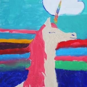"Glitter-corn" by Dakota Surbey, Hazel Page, and Audrey Page, acrylic and glitter on canvas. Image courtesy of the Page Gallery.