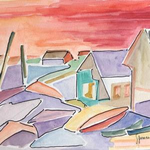 Monhegan Sunset by Anne Spencer, watercolor, 12x16. Image courtesy of Local Color Gallery.