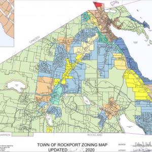 Rockport’s zoning map. The areas of light green are the rural district, where cell towers would be allowed, if voters approve at annual town meeting in June.