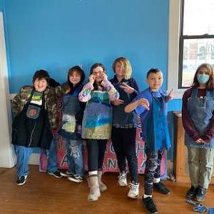 RSU #13 (Rockland) Afterschool Program with The Landing Place: One-of-a-Kind Aprons from old Jeans. (Photo courtesy ecomaine)