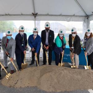 Shovels in the ground: L to R: Nancy Hatfield, Scott Gray, John Ronan, Tim Dentry, Donald Sussman, Sally Hutchins, Steve Rich, Jackie Carter. (Photo courtesy Northern Light Blue Hill Hospital)