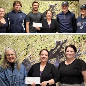 Top: Oceanside High School Seniors accept the donation from Brandy Perkins of the Maine Lobster Festival. Bottom: From left, CCM Museum Manager Emily Badger, Brandy Perkins of the Maine Lobster Festival, CCM President Gayle Bedigian. (Photo courtesy Lobster Festival)