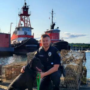 K9 Spud and his new partner Officer Jonathan Guba. (Photo courtesy Belfast Police Dept.)