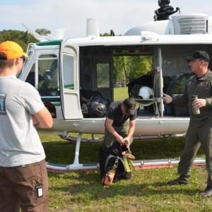 Chief Forest Ranger Pilot John Crowley and District Forest Ranger Scott Maddox spent a few hours Sunday, Sept. 18, with the Camden Fire Dept. and members of the Coastal Maine Search and Rescue explaining how they will assist local fire departments with lifting the injured or sick from remote locations and transfer them to safe landing zones, and waiting ambulances. (Photo by Lynda Clancy)