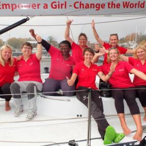 The Maiden Crew: Sarah Evans, Vermont; Henrietta Agersnap, Denmark; Lungi Mchunu, South Africa; Amy Hopkins, United Kingdom; Molly Lapointe, Maine; Heather Thomas, United Kingdom; Sharon Ferris-Choat, New Zealand; and Hadley Neale, Rhode Island. (Photo by Chris Wolf)