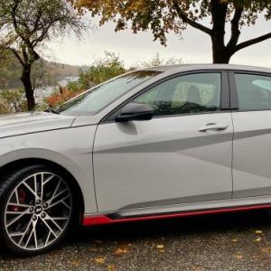 Hyundai’s all-new sports sedan occupies a sweet spot between versatility and fun, an identity perfectly expressed here in Cyber Gray with red accents, aero widgets fore and aft, and spidery 19-inch alloy wheels with Michelin Pilot Sport 4S tires.