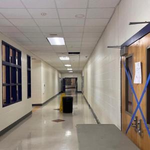 The CHRHS gym doors are still sealed as repairs are made, but little other evidence of the event remains, even where it occurred in the halls. (Photo courtesy Lute Campbell)