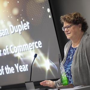 Belfast Public Health Nurse Susan Dupler accepts her award after being named Citizen of the Year by the Belfast Area Chamber of Commerce at the annual Chamber Awards Gala Nov. 4. (Photo courtesy Waldo General Hospital)