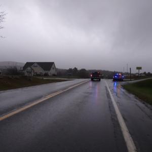 The intersection of Heald Highway (Route 17) and Sennebec Road, in Union is closed this evening for extensive rehanging of utility poles. (Photo by Sarah Thompson)