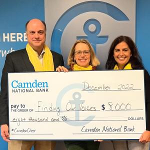 Wearing yellow for the light that Finding Our Voices and Camden National Bank are bringing to domestic abuse in Maine are Greg Dufour, president and CEO of Camden National Bank, Patrisha McLean, founder/president of Finding Our Voices, and Renee Smyth, the bank’s executive Vice President. (Photo courtesy Finding Our Voices)