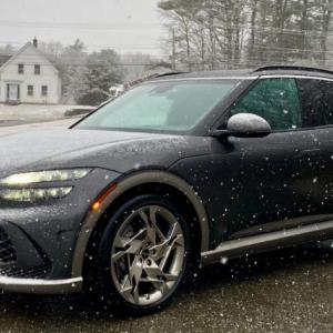A little snow doesn’t bother the two-motor AWD GV60 but, as with all modern cars, snow and slush can block the forward sensors, shutting down the lane-keeping and interactive cruise-control systems. New England drivers may be used to this, but not to the GV60’s whisper-quiet driving.