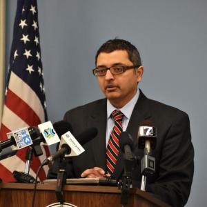Maine CDC Director Dr. Nirav Shah speaks during a press conference in Augusta about the COVID-19 pandemic in March 2020. (Photo courtesy The Maine Monitor)