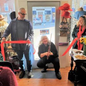 Chase Bowles, Theresa Bowles, and State Rep Jan Dodge at Second Hand Eve. (Photo courtesy Belfast Area Chamber of Commerce)