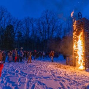 Protesters of plans by Exiro Minerals to conduct mining explorations in Union and Warren burned a 20-foot-tall tower, “Shaft the Mine”, that symbolized the specter of metal mining in the Georges River Watershed. (Photo courtesy Sean Carnell)