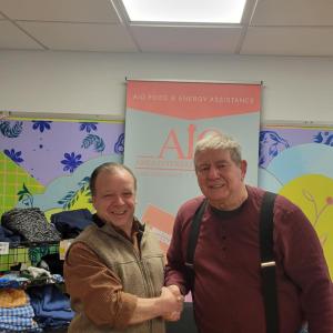 Joe Ryan, Executive Director of AIO Food and Energy Assistance, and Tom Mellor, President of Rockland Kiwanis Club, after a donation of $250 from Kiwanis. (Photo courtesy Tom Mellor)