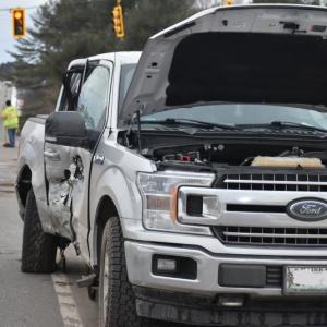 One of two vehicles involved in a motor vehicle accident in Warren came to rest in the opposite travel lane of a busy intersection. (Photo by Sarah Thompson)