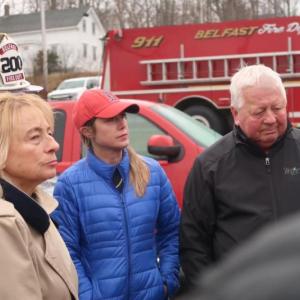 Governor Janet Mills, far left, visited Belfast March 4, 2021, to survey the damage from the Penobscot McCrum fire. She was joined by Belfast City Manager Erin Herbig and Penobscot McCrum CEO Jay McCrum. (File photo, courtesy Governor’s office)
