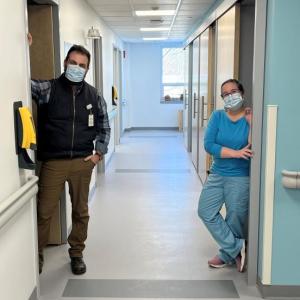 Practice Manager Matt Hill and Medical Assistant Leanne Temple stand in the hallway of newly renovated Orthopedics & Sports Medicine Practice at Waldo County General Hospital. The renovation more than doubled the size of the practice and increased the number of patient rooms from three to eight. (Photo courtesy Waldo County General Hospital)