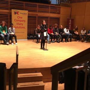 Adelaide Lock begins the annual Maine Spelling Bee, March 25 in Brunswick. (Photo courtesy Holly McBride)