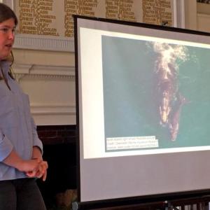 Camille Ross speaks to a crowd April 19 at Boothbay Harbor Memorial Library, about North Atlantic right whales. FRITZ FREUDENBERGER/Boothbay Register
