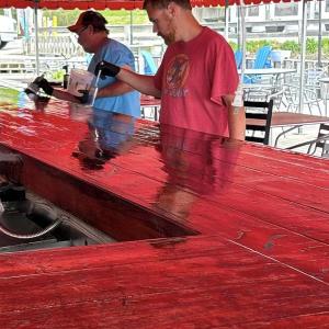 Happy new bar top!! outside deck, breakfast, music, coctails