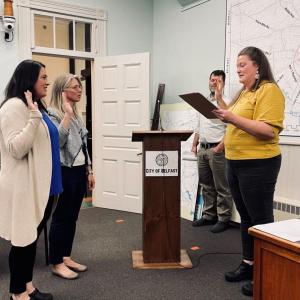 Allison Naumann, Administrative Assistant for the Belfast Code and Planning Department, and Jennifer Cormier, Coordinator for the Belfast Code and Planning Department, are sworn into office. (Photo courtesy City of Belfast)