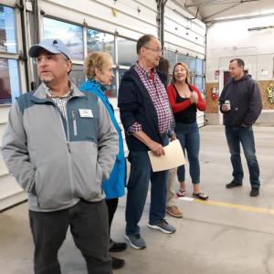 From left, Select Board candidate Chris Nolan, Wendy Andreson, Select Board candidate Ray Andreson, and current Select Board member Stephanie French await results after the polls close at the Camden Public Safety building. (Photo by Susan Mustapich)