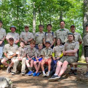 Troop 200 scouts and leaders: seated from left to right, Ed Hurlburt, Assistant Scoutmaster); Zach Mason, Gavin Moore, Zavier Mason, Declan Grant, Jack O'Brien, Cason Lyons. Standing left to right: Dominic Todd, Ed Weber, Scoutmaster; Levi Mason, Phinn Oliver, Harrison Garcia, Jared Todd, Doug Grant, Assistant Scoutmaster, and Heidi O’Donnell, committee chair.
