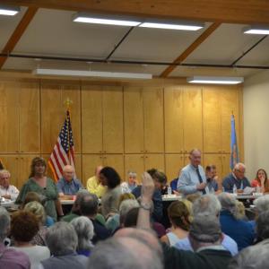The Thomaston Select Board, Economic Development Committee and Town Clerk, just before the start of the June 14 annual Town Meeting. (Photo by Lynda Clancy)