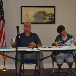 Owls Head Select Board members Gordan Page and Linda Post wait for the Aug. 21, 2023 Board meeting to begin. This was Page’s last meeting as a Board member. (Photo by Sarah Thompson)