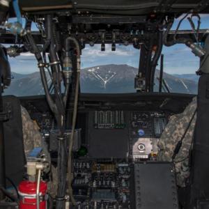Cockpit view from a UH-60 approaching Katahdin (Photo courtesy CW5 Jon Campbell, Maine National Guard)