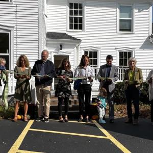 Pictured left to right: John Robinson, Director of Finance; Meredith Gutheinz, Senior Director of Child Care; Grif Lesher of the Lesher Family Foundation; Whitney Files, CEO; Annemarie Ahearn, YMCA Board Member; Dr. Todd Landy, Director, Office of Child and Family Services Department of Health and Human Services, Vicki Doudera, Maine State Representative; and Jayme Ward, Infant Care Teacher. (Photo courtesy Penobscot Bay YMCA)