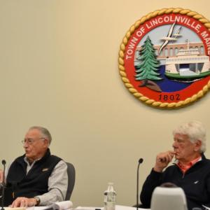 Lincolnville Code Enforcement Officer Frank Therio and Planning Board Chair Dick Butler, Oct. 25, at at pre-application meeting with Gorrill Palmer engineers to discuss a proposed retail store at Drake Corner in Lincolnville. (Photo by Lynda Clancy)