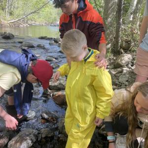 What lives in our river? With help from S.E.A. students from Camden-Rockport Middle School and Seaside Village Pre-School explore the Megunticook River together. (Photo courtesy Board of the Stewardship Education Alliance)