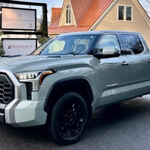 A four-door Crewmax version of the Tundra, with a 65-inch bed. (That’s 5.5 feet for you truckers.) Note the cosmetics and stance of the TRD Off-Road Package. This color is Lunar Rock.