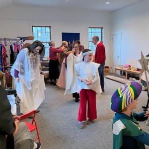 Trying on costumes for the UCC Nativity Play which will be performed at the Christmas Eve Service (Photo by Diane O’Brien)