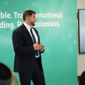 St. George MSU Superintendent Mike Felton delivers a three-minute pitch for the St. George School CTE/Makerspace Project to a panel of judges for the $1 million Yass Prize Nov 30 in Miami. (Photo courtesy St. George Superintendent Mike Felton)