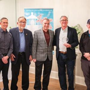 The American Lighthouse Foundation’s 2023 “Keeper of the Light” award recipient: Peter Ralston. (L to R) ALF 1st Vice-President Nick Korstad, ALF Treasurer Alan Ells, ALF Executive Director Bob Trapani, Jr., Peter Ralston and ALF President Jeremy D’Entremont. (Photo by Dominic Trapani)