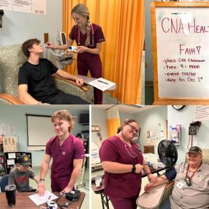 Top left: Emmaline New, BAHS Junior, takes the temperature of Michael Clay, Mount View Freshman; Bottom left: Lucas Johndro, BAHS Senior, checks vital signs of Searsport District High School ninth grader Cameron Murphy; bottom right: SDHS Senior Brianna Fairbrother checks the blood pressure of WCTC instructor, Mark Scipione. Brianna will attend Eastern Maine Community College next year for paramedic and EMT training. She hopes to use her CNA certification while working at a local hospital. (Photo courtesy Waldo County Technical Center)